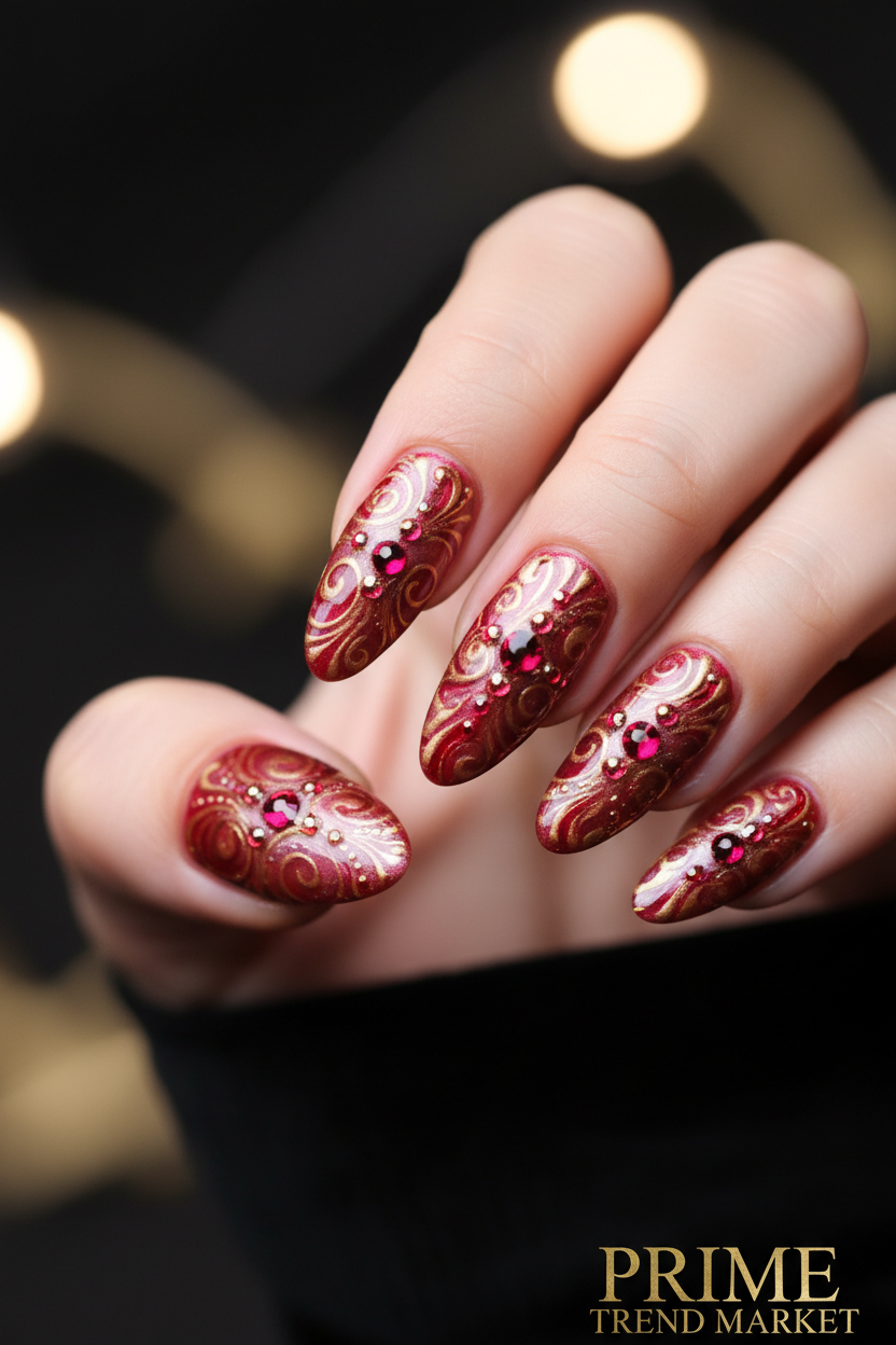 Rose Red Artistic Press-On Nails — Close-Up Detail