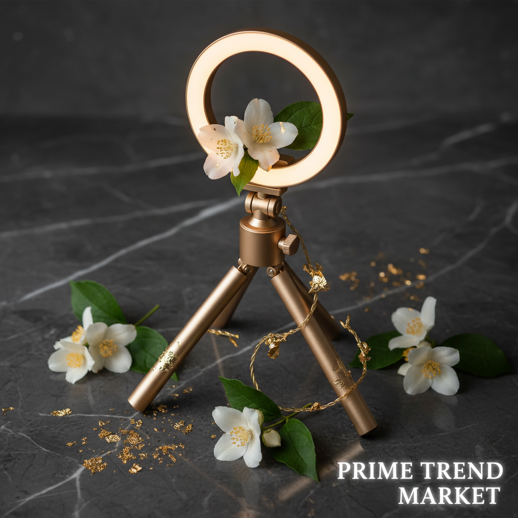 Selfie stick tripod with LED ring light on dark marble — Prime Trend Market
