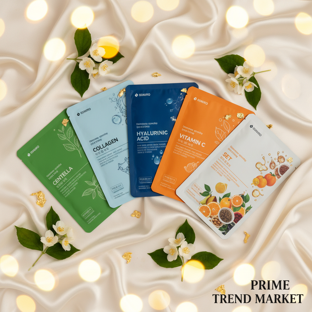All 5 face mask variants flat lay on cream silk