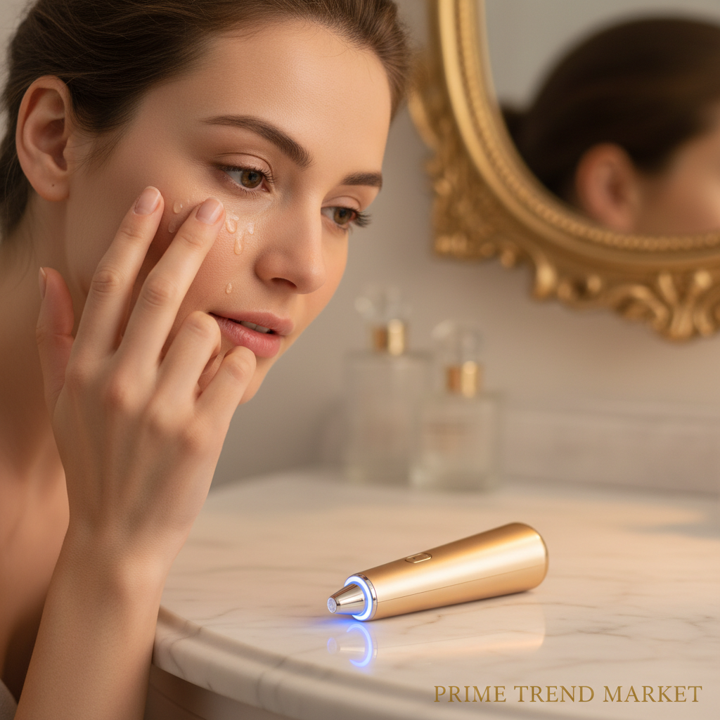 Woman applying anti-wrinkle serum with eye massager on marble surface
