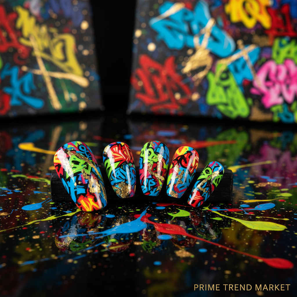 Graffiti oil painting press-on nails artistic display on black surface with paint splashes