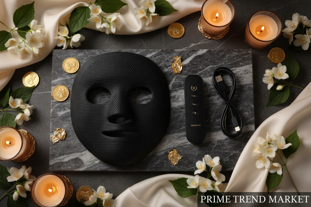 EMS Face Lift & Wrinkle Fading Slimming Device — Luxury Flat Lay with Accessories