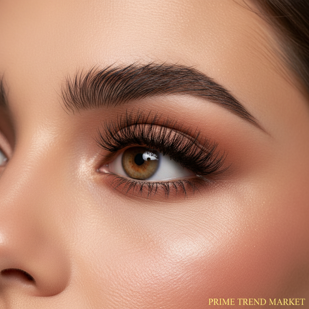 Beautiful woman long thick lush dark eyelashes full eyebrows close-up eye beauty lifestyle