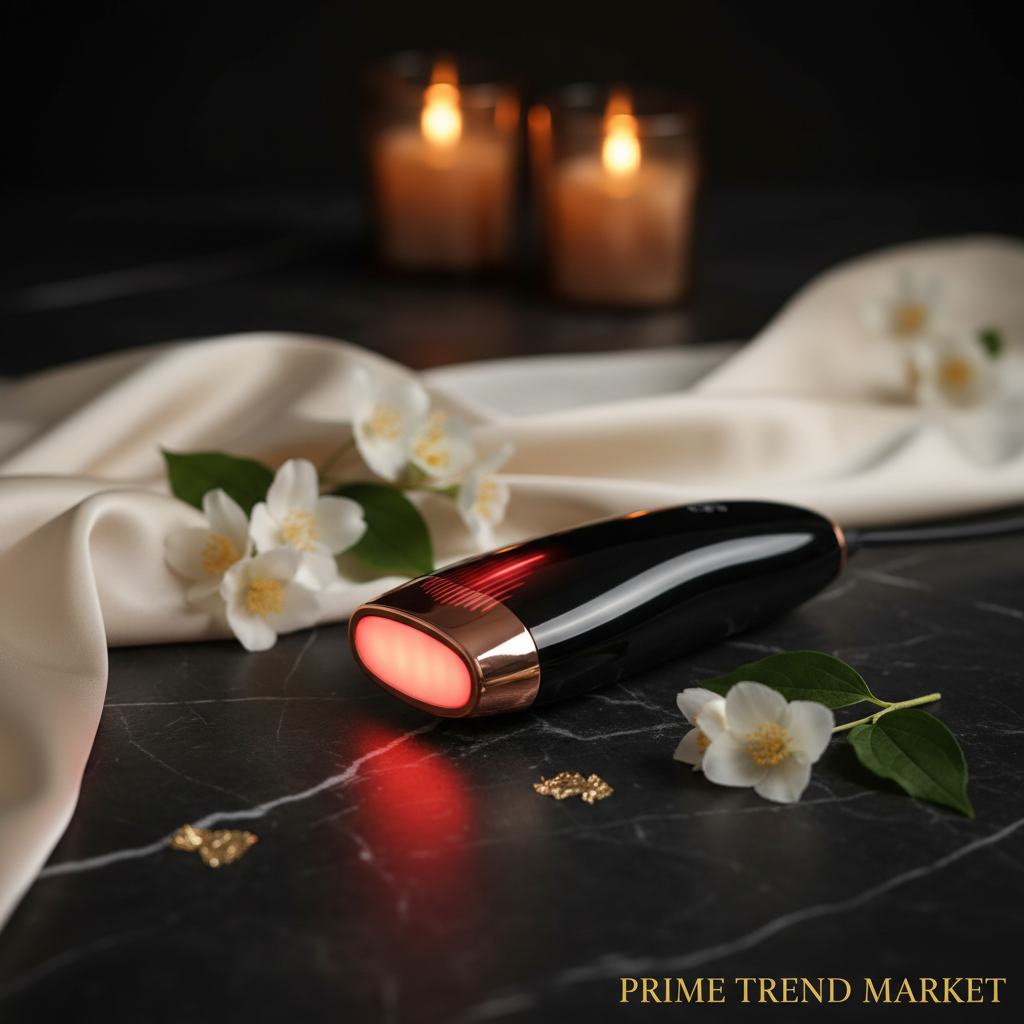 IFT Red Light Face & Neck Lifting Massager black hero shot on dark marble with red light glow and jasmine flowers