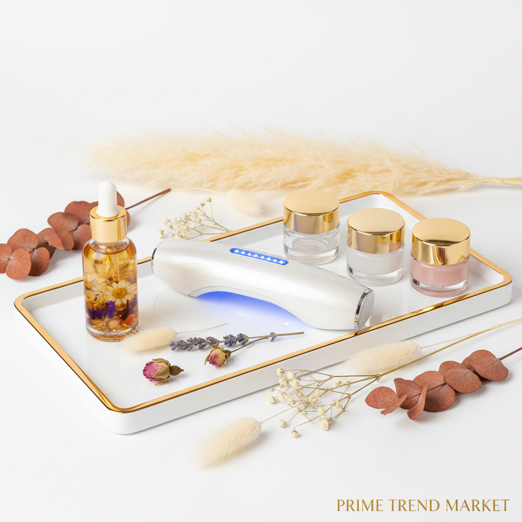 Nail care trio on white acrylic tray with gold trim and dried botanicals