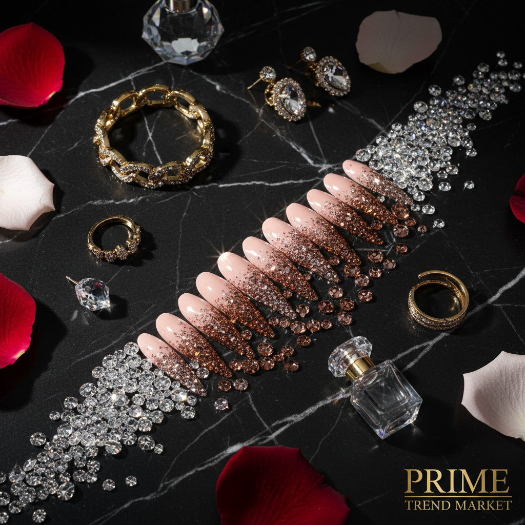 Rhinestone crystal cascade press on nails luxury flatlay on black marble