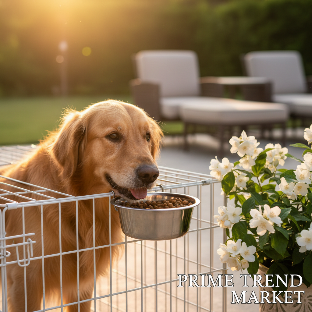 Stainless Steel Hanging Pet Bowl - Golden Retriever Crate Lifestyle
