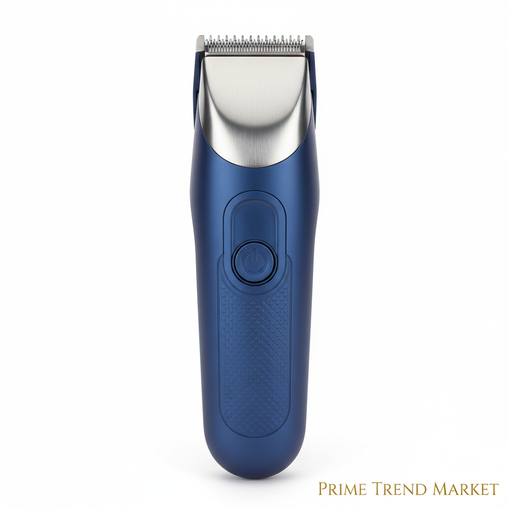 Blue electric grooming trimmer stainless steel washable head ABS body product shot white background