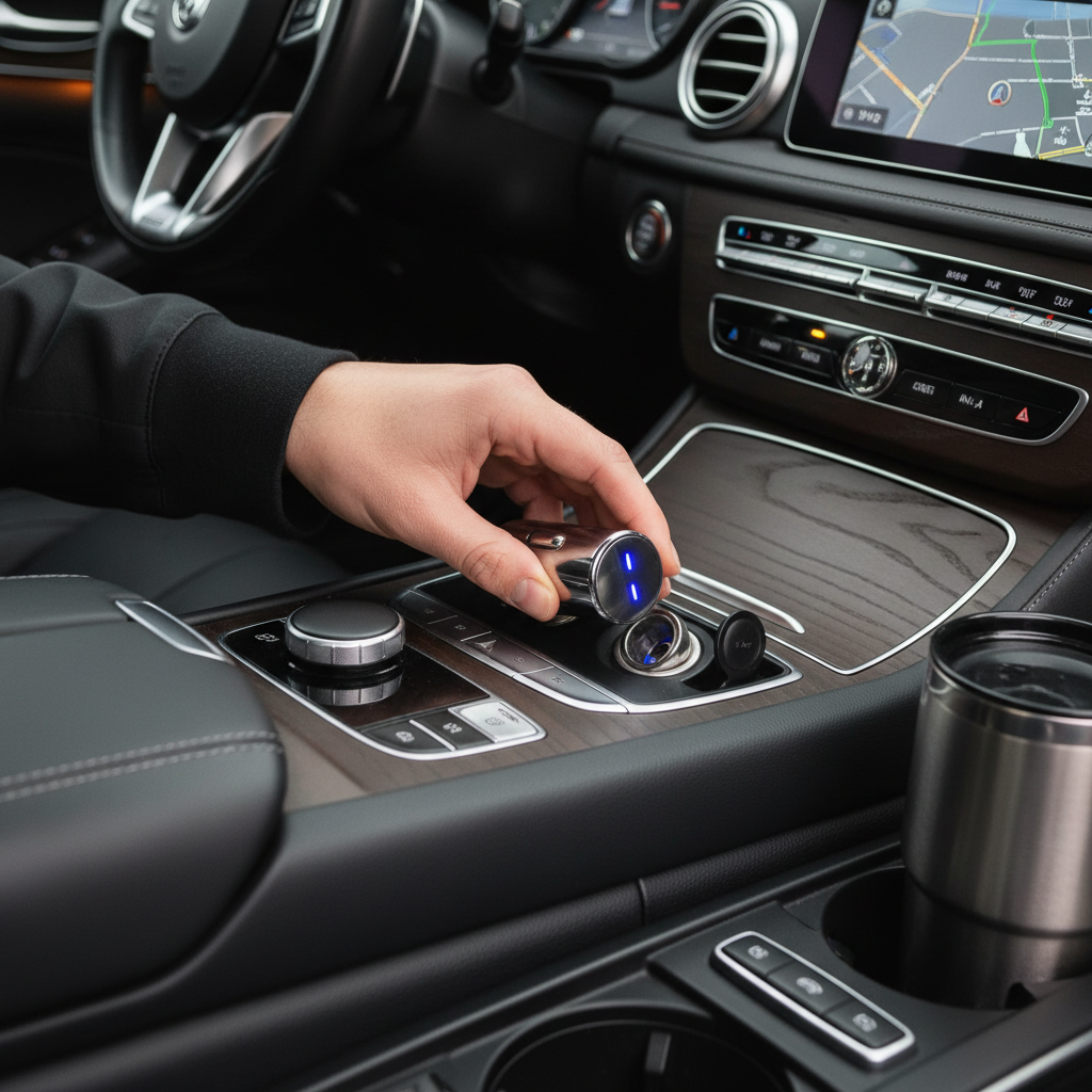 Hand plugging USB car charger into car cigarette lighter port