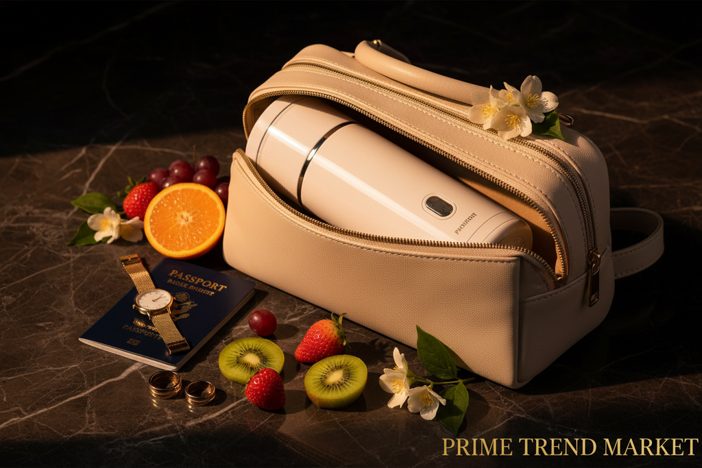 Luxury portable white juice blender in travel bag with passport and gold accessories on dark marble