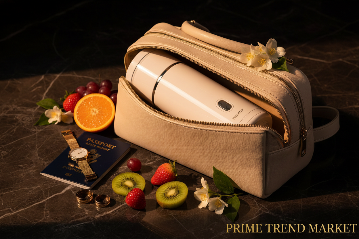 Luxury portable white juice blender in travel bag with passport and gold accessories on dark marble