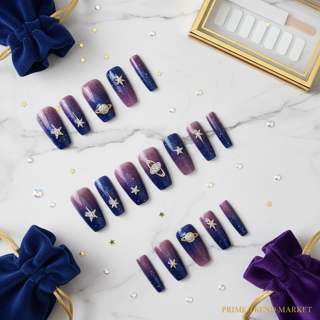 Planet diamond star press-on nails flat lay galaxy celestial aesthetic