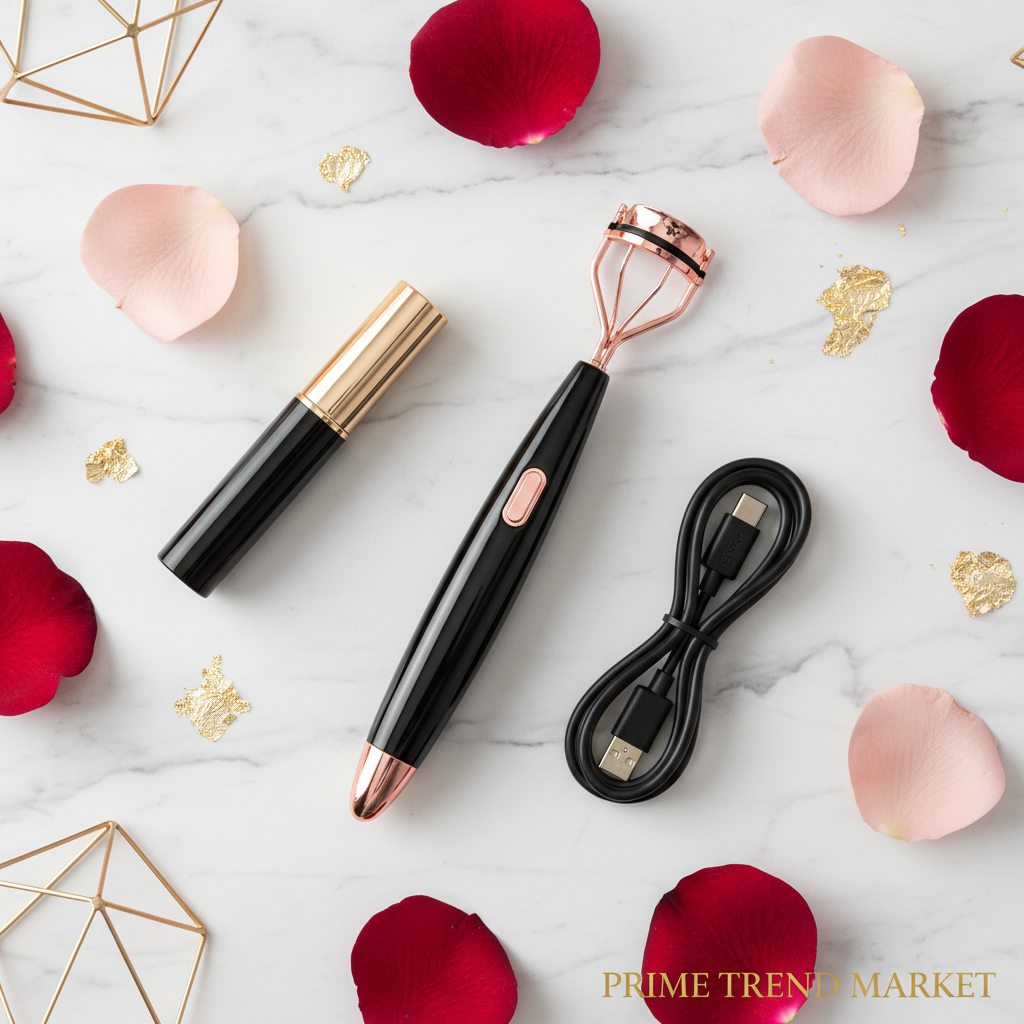 2-in-1 electric heated eyelash curler eyebrow trimmer flat lay black marble gold beauty editorial