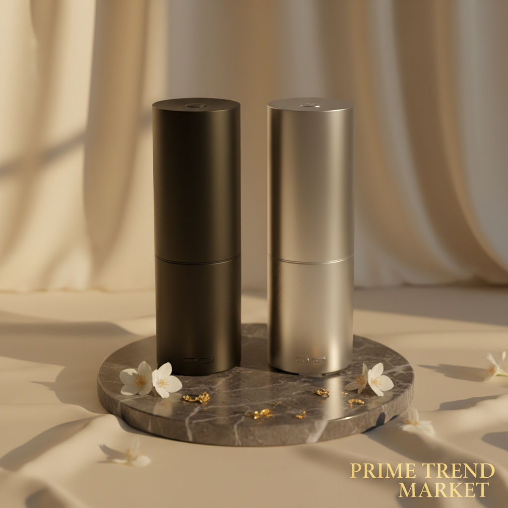 Black and silver aroma diffuser duo on marble with gold leaf and jasmine petals