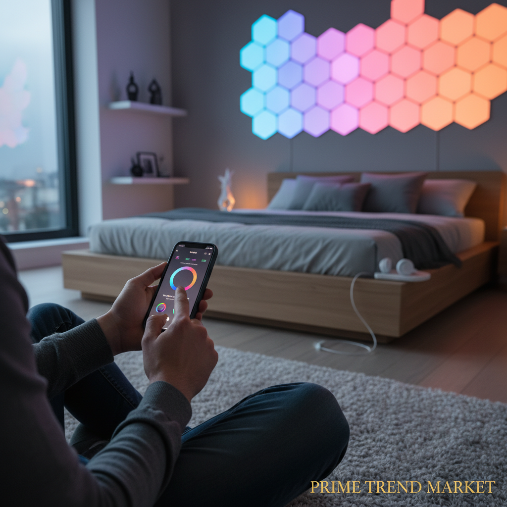 Person Using Smartphone App to Control Hexagon LED Wall Panels — Prime Trend Market