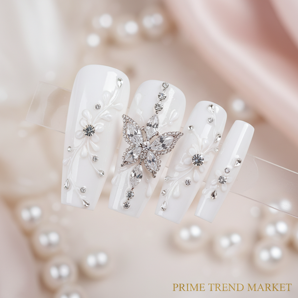 Close-up white diamond butterfly nail art - Prime Trend Market