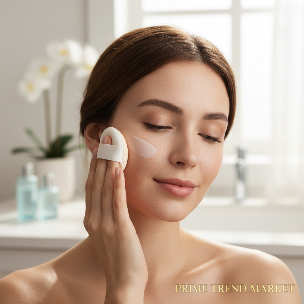 Woman applying setting cream with beauty sponge