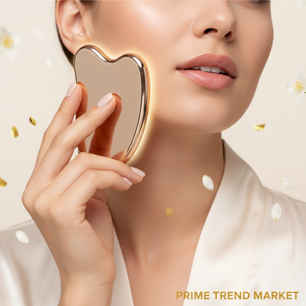 Luxury Electric Gua Sha Massager lifestyle shot with glowing lifted jawline