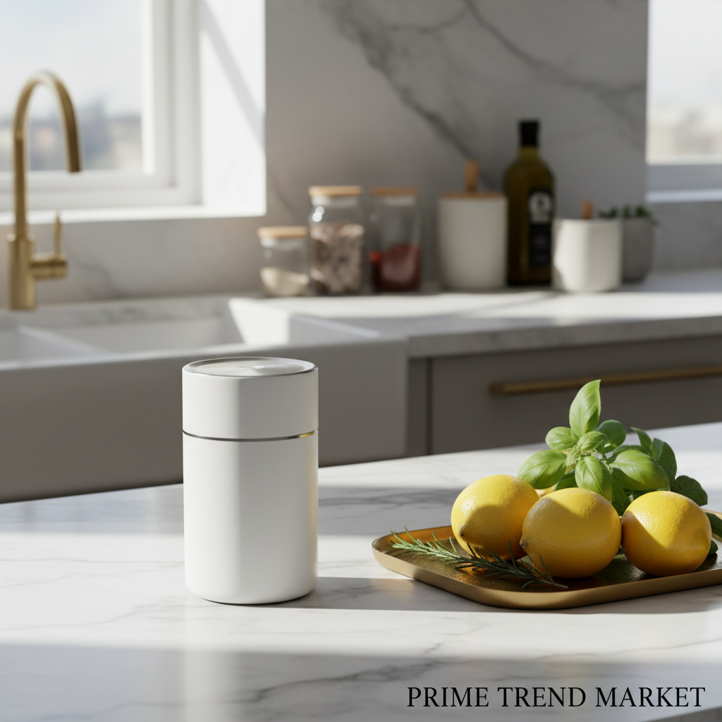 Luxury kitchen counter with USB refrigerator deodorizer next to fresh lemons and herbs - Prime Trend Market