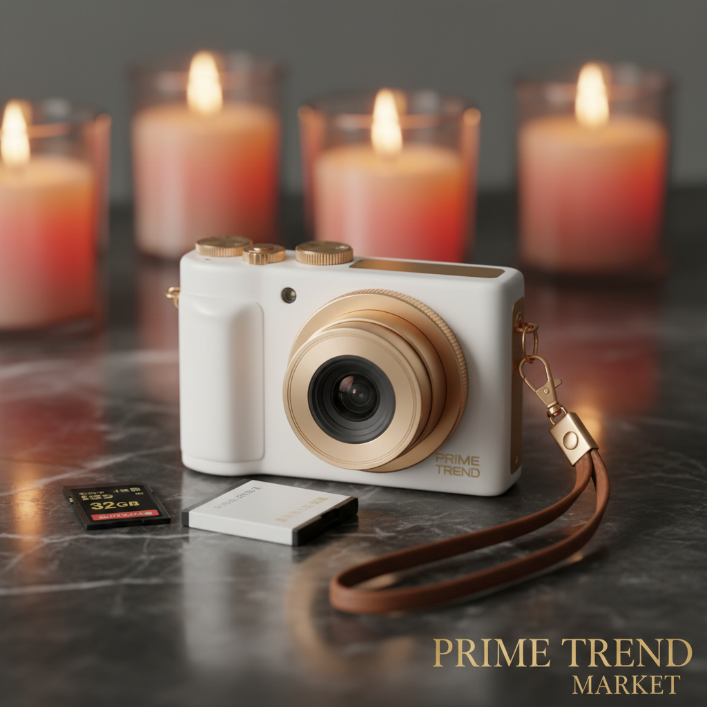White mini 4K camera close-up on dark marble with lanyard and accessories