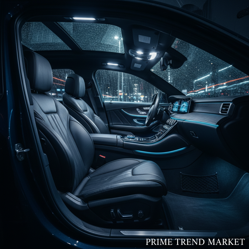 Luxury car interior at night with bright white LED dome, map and license plate lights glowing