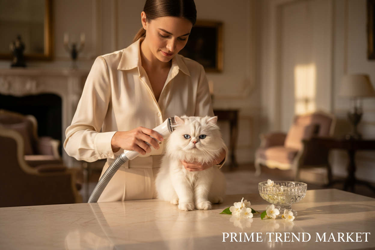 Elegant woman grooming fluffy white Persian cat with professional suction pet shaver on cream marble