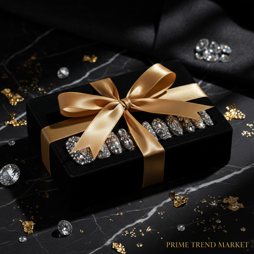 Luxury rhinestone crystal press on nails gift set in black velvet box