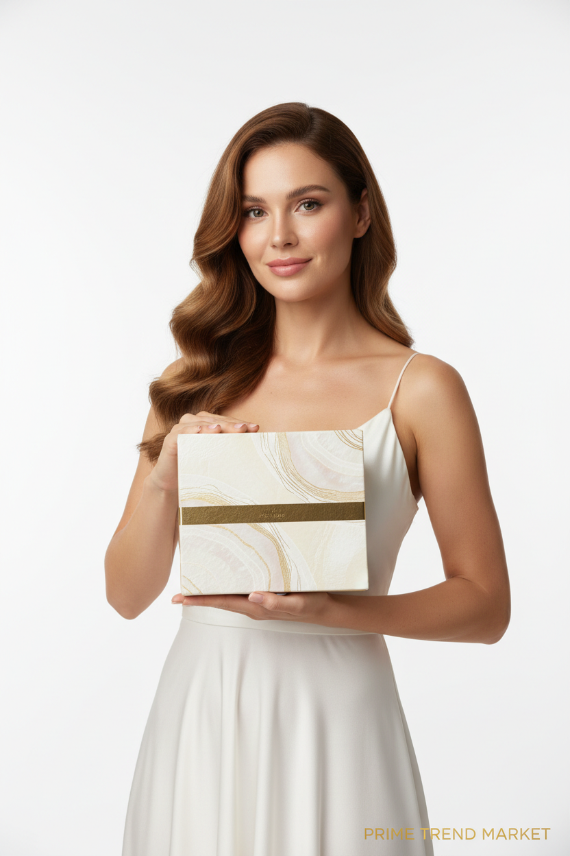 Model with glowing skin holding luxury skincare set