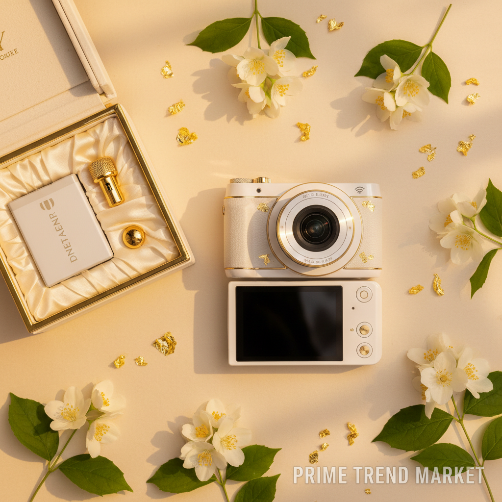 HD WiFi Vlogging Camera flat lay with luxury gift box on cream ivory surface
