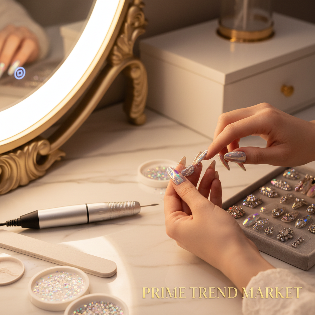 Woman applying crystal diamond powder on nails