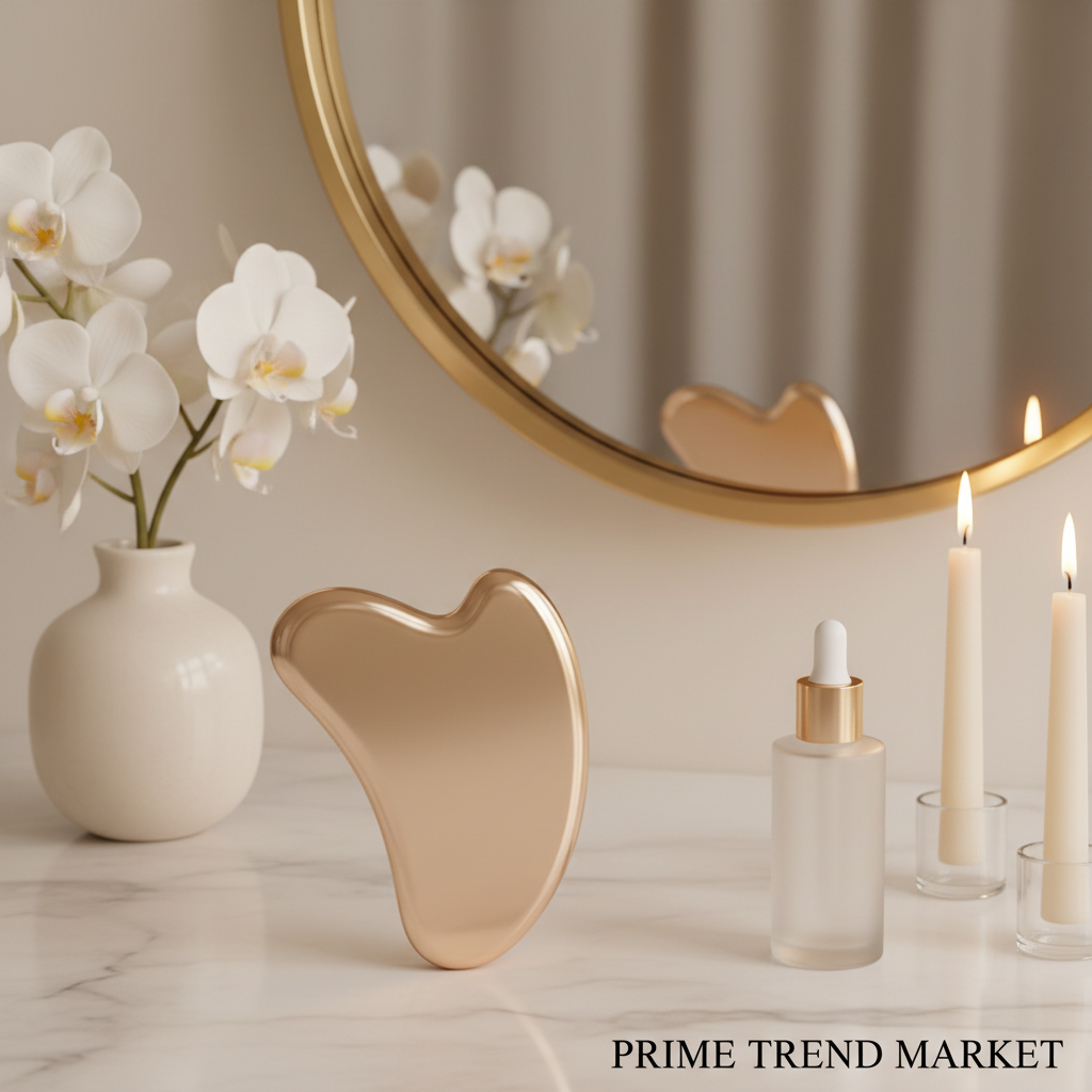 Luxury Electric Gua Sha Massager on vanity with serum candles and gold mirror
