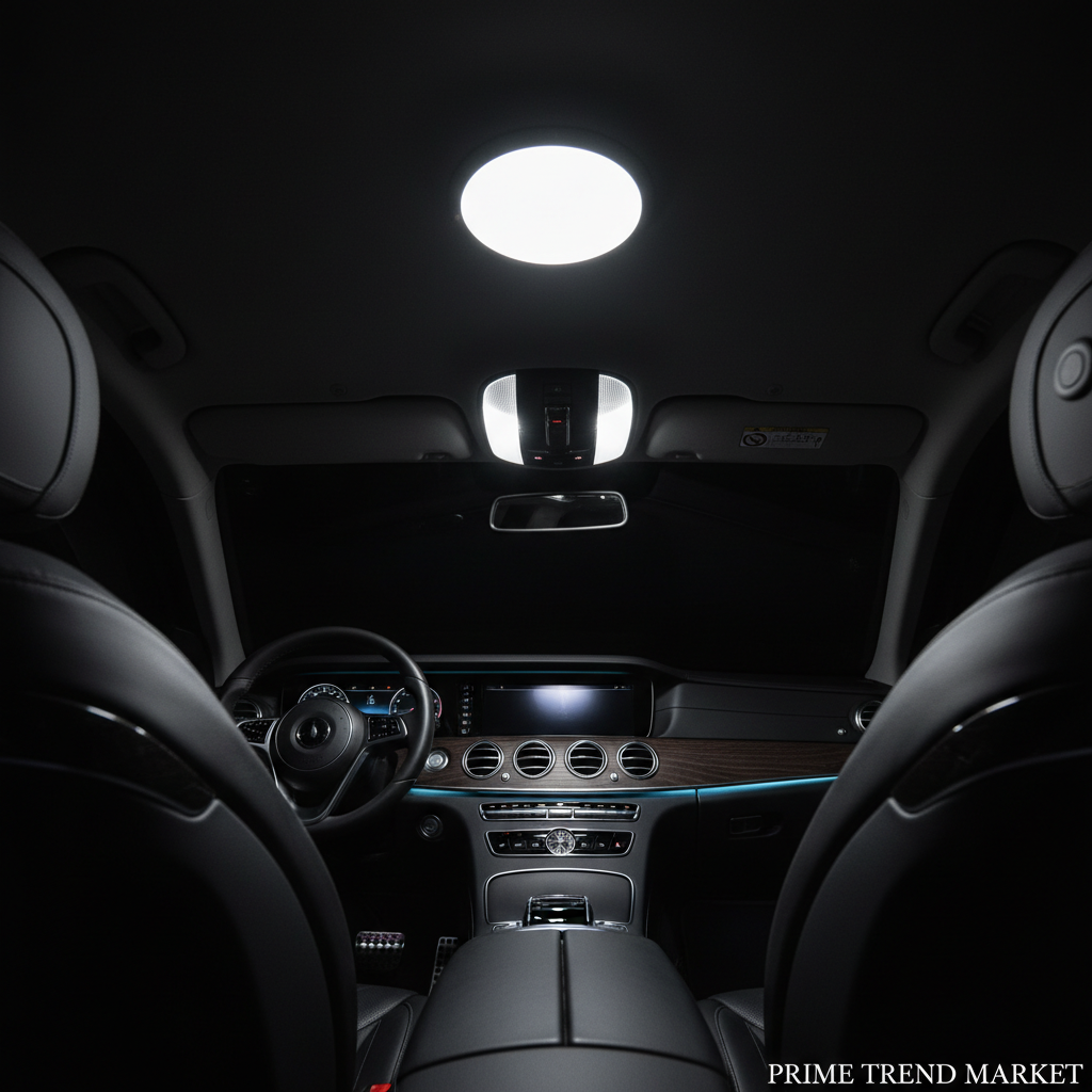 White LED dome light glowing inside luxury car interior – Prime Trend Market