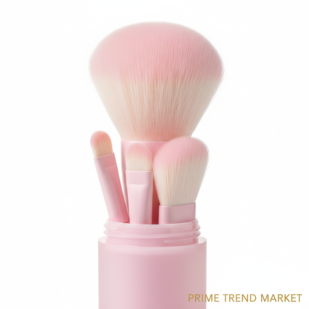 Close-up of 4-in-1 portable pink makeup brush set showing soft fluffy bristles