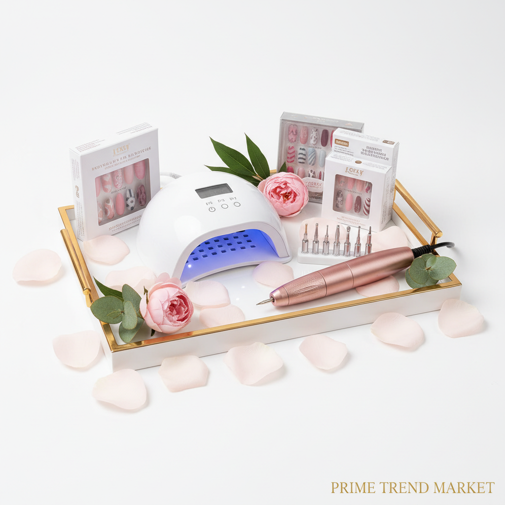 Nail starter kit on white acrylic tray with gold trim and pink florals