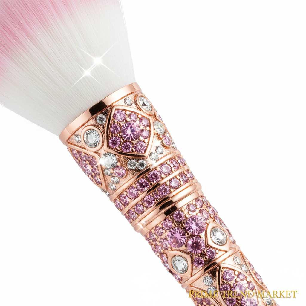 Close-up of pink diamond inlaid makeup brush handle showing sparkling crystal embellishments