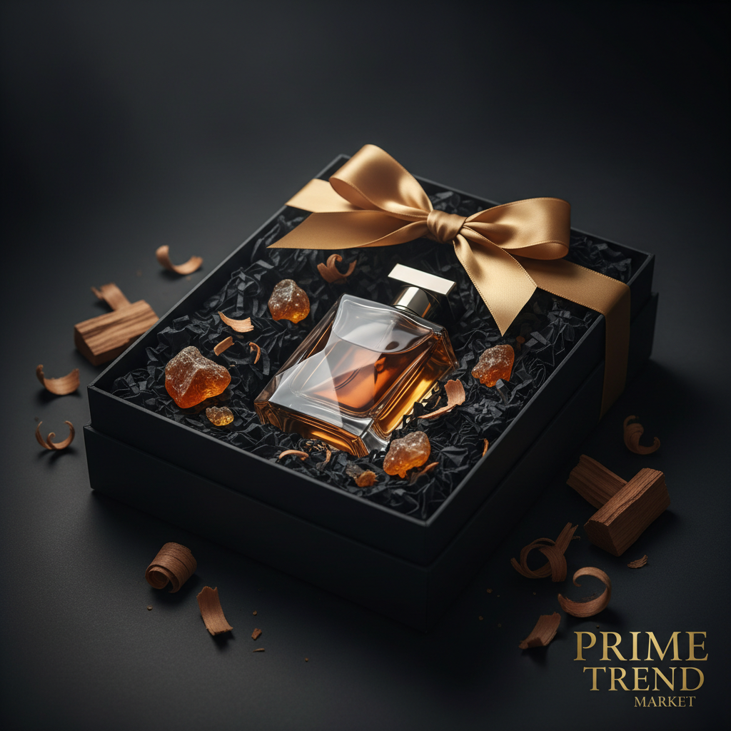 Chained cologne in gift box with black tissue, gold ribbon and amber accents