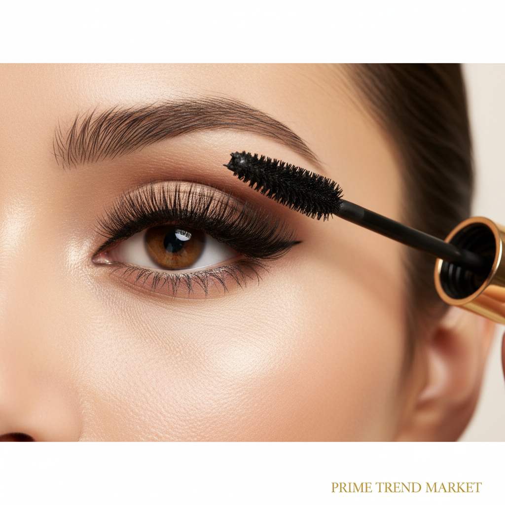 Woman applying volumizing mascara with dramatic thick lashes