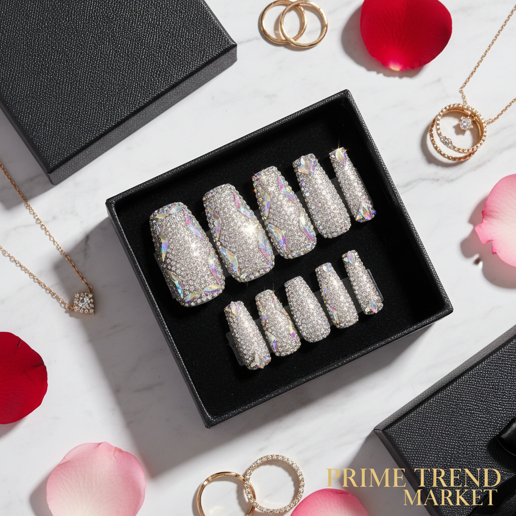 Full diamond duck nails in black gift box on marble with diamonds and rose petals