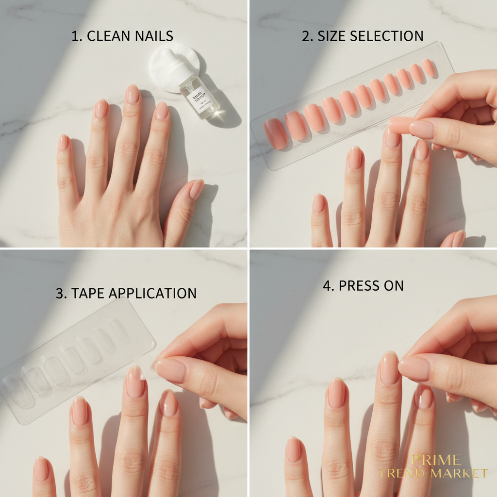 Step by step press on nail application tutorial flatlay