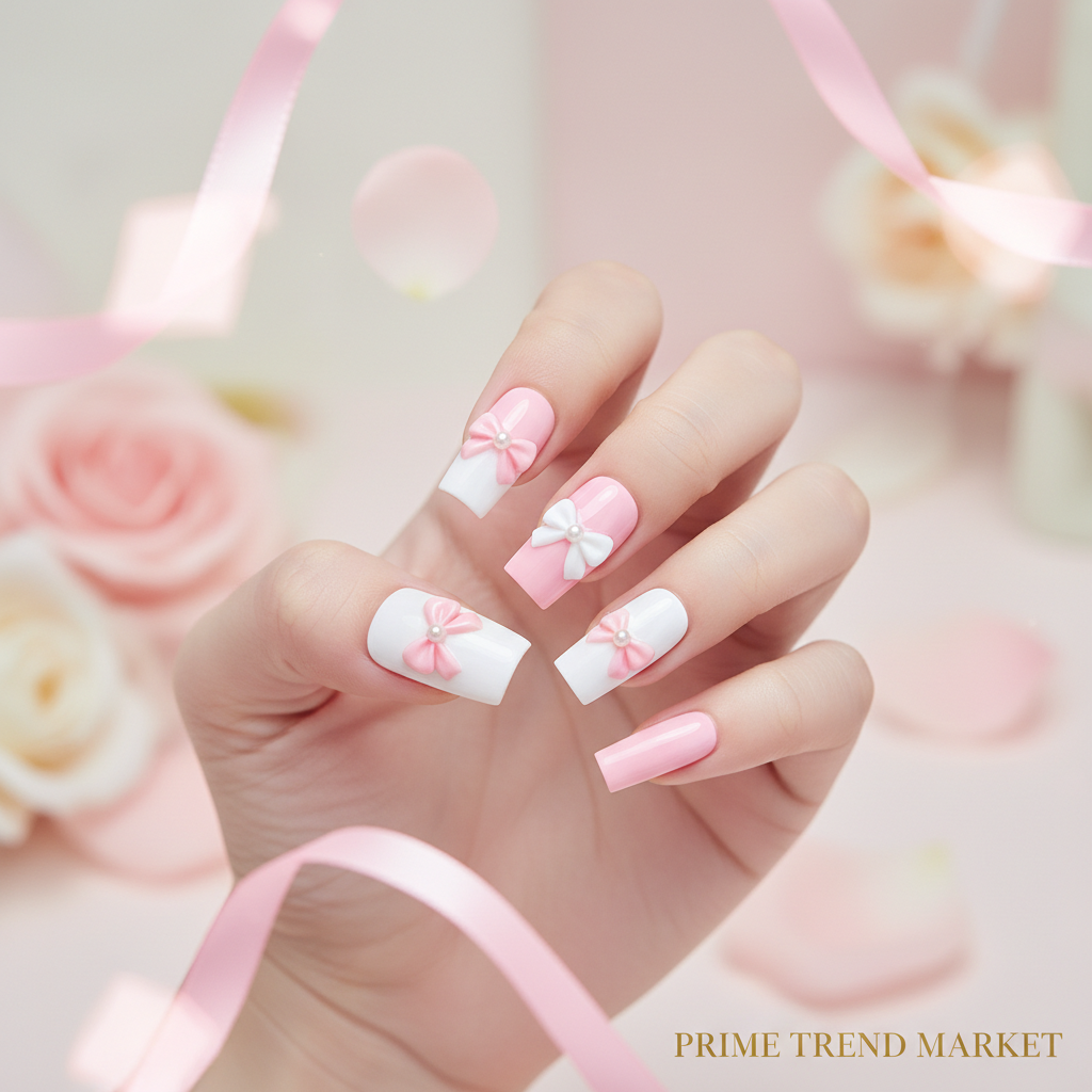 Hand wearing long square bowknot nail art press-on nails with pink ribbon bokeh background