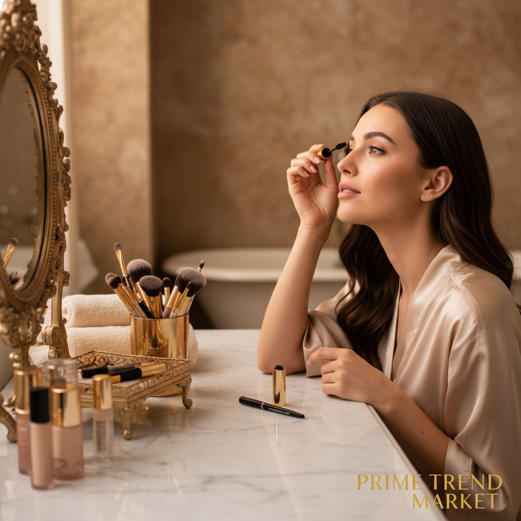 Woman applying mascara at vanity