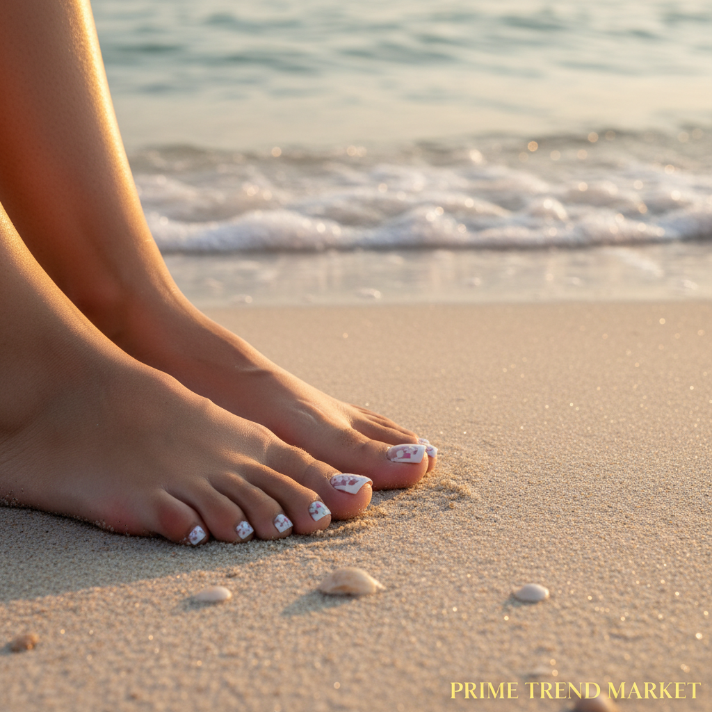 White floral press-on toenails on beach sand - Prime Trend Market