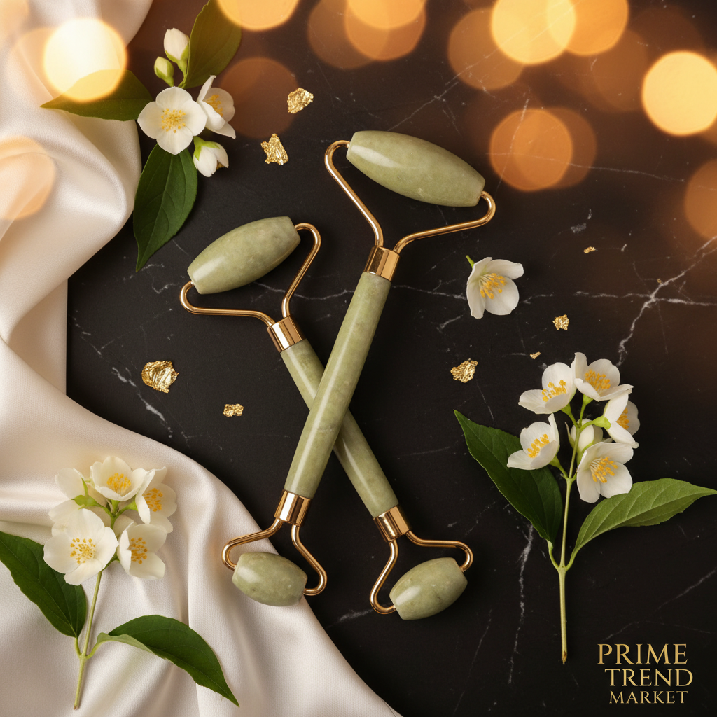 Germanium Stone Wand and Crystal Jade Roller Spa Set luxury flatlay on dark marble
