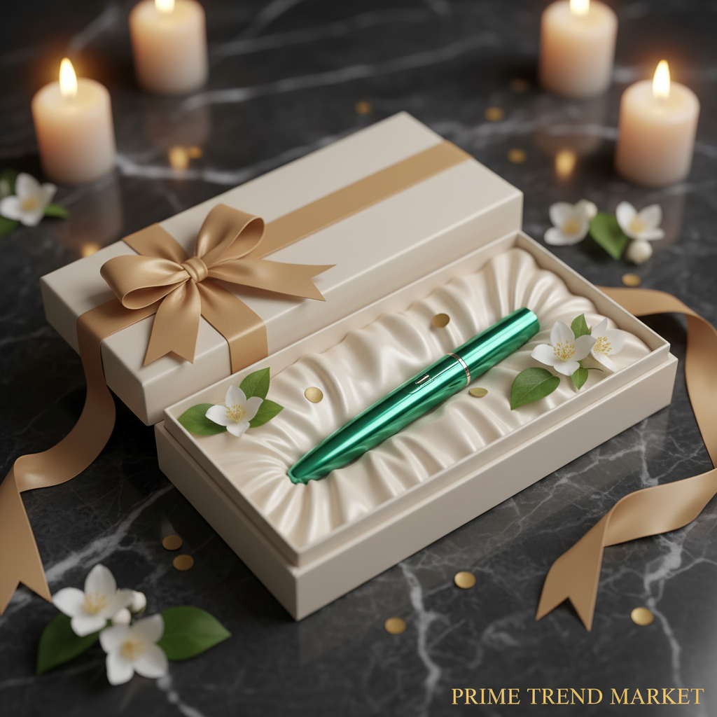 Luxury 4-in-1 Eye Cream Ion Introducer Pen in cream satin gift box with gold ribbon and jasmine flowers