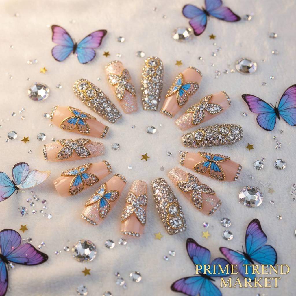 Diamond butterfly nail art press-on nails arranged in circle on white background with rhinestone crystals and gold star confetti