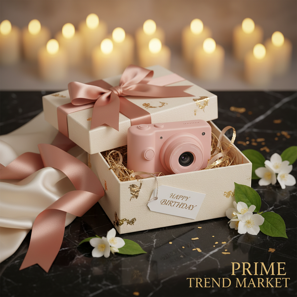 Pink kids digital camera in gift presentation on black marble — Prime Trend Market