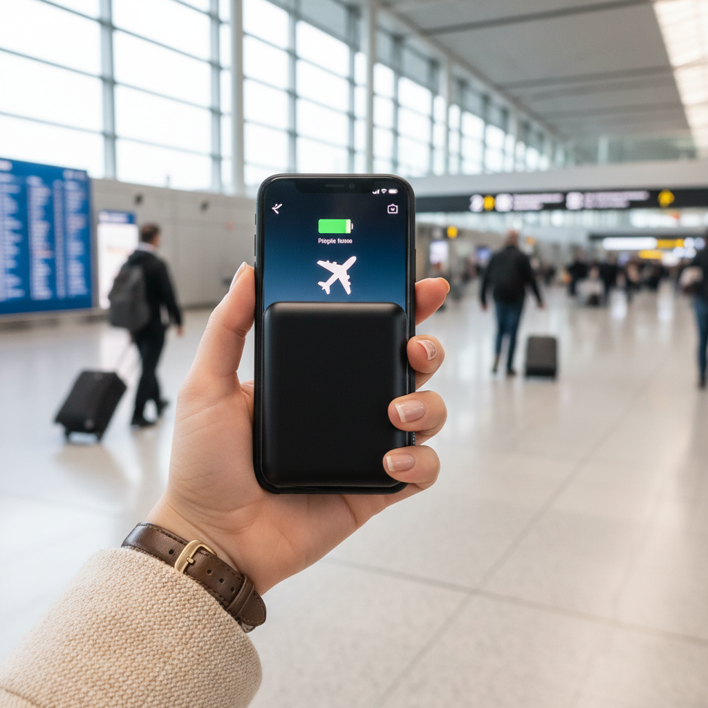 Woman holding magnetic power bank with iPhone attached at airport