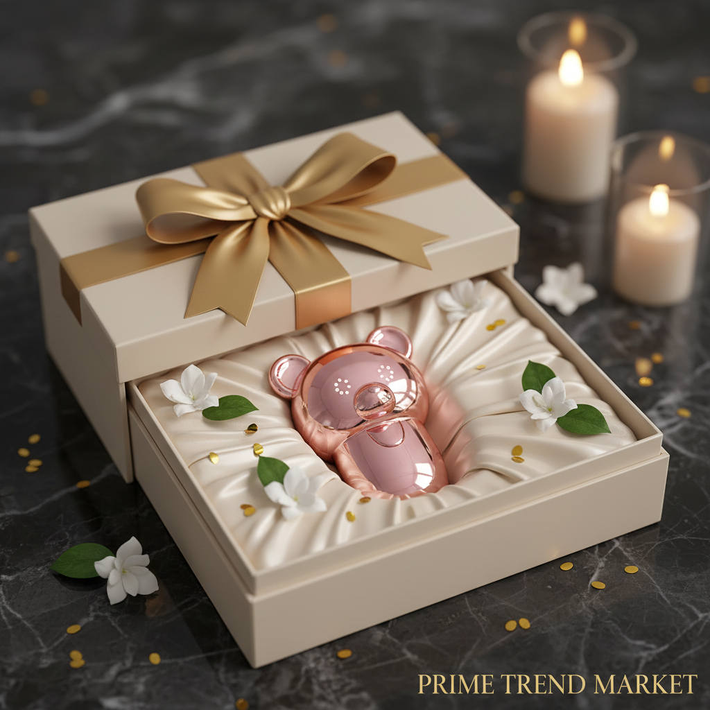 Luxury Bear-Face Microcurrent EMS Device in cream satin gift box with gold ribbon