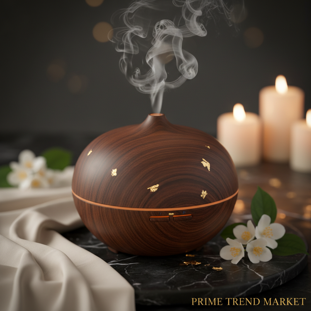 Luxury Wood Grain Ultrasonic Aroma Diffuser — Deep Wood Hero Shot | Prime Trend Market