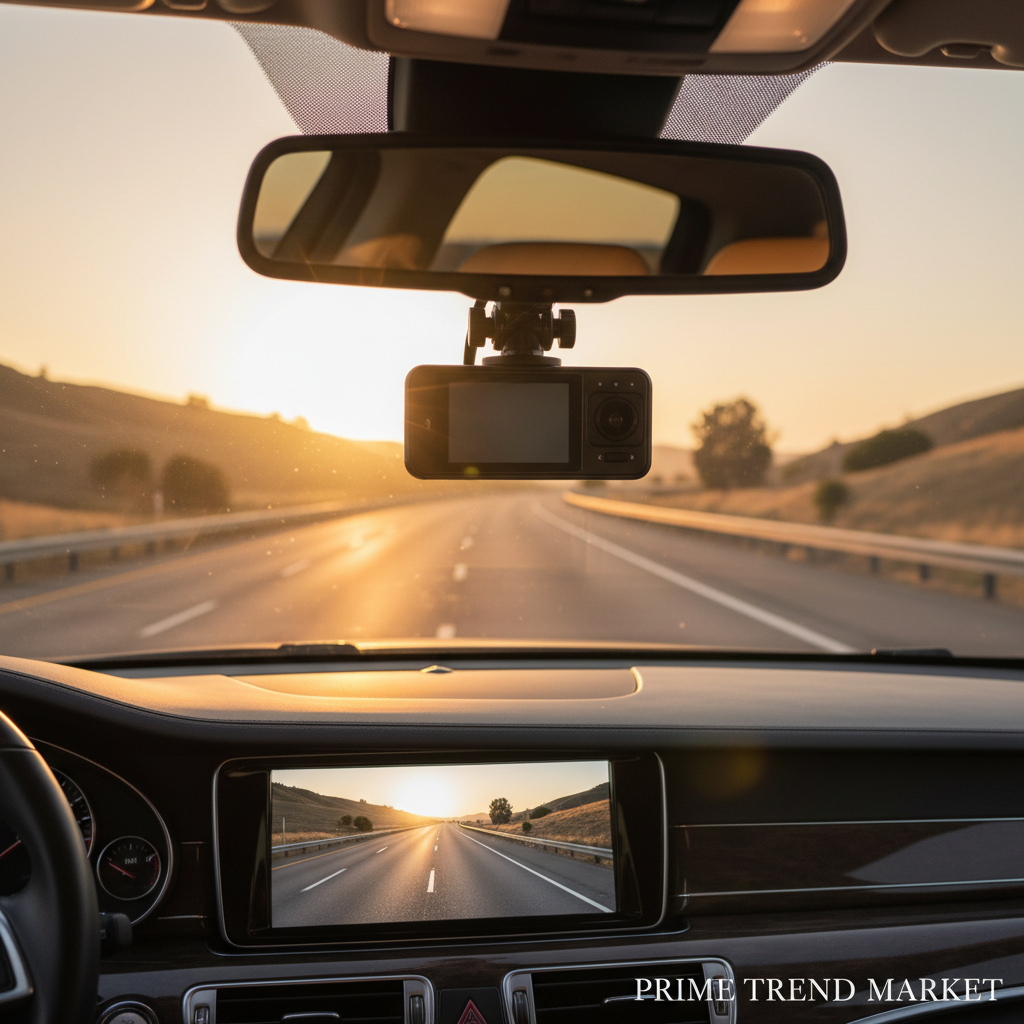 Black 3-channel dash cam mounted on luxury car windshield showing open highway at golden hour - Prime Trend Market
